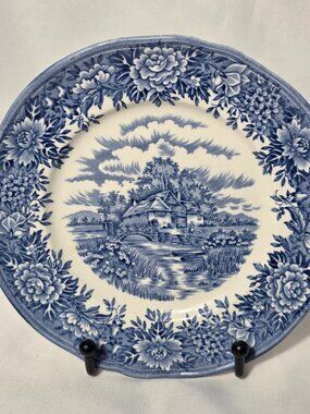 ONE Salem English Village Bread Plate Village Scene Blue & White Transferware